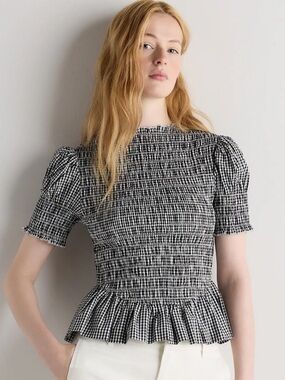 NWT Quince Women’s Black and White Gingham smocked peplum top in a size Medium